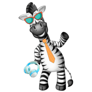 A smiling cartoon neurodivergent zebra wearing sunglasses, a necktie, and carrying noise canceling headphones and waving. howtobeneurodivergent.com