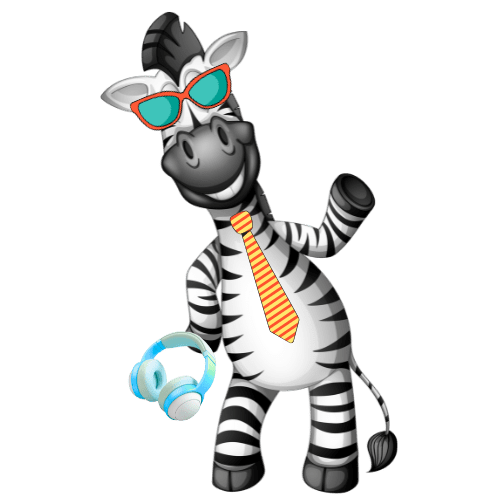 A smiling cartoon neurodivergent zebra wearing sunglasses, a necktie, and carrying noise canceling headphones and waving. howtobeneurodivergent.com
