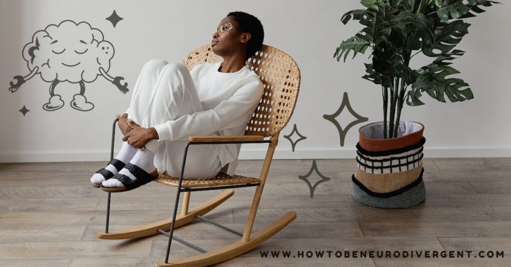 A woman rocking in a rocking chair with her knees up. A doodle of a meditating, calm, peaceful cloud surrounded by sparkles.