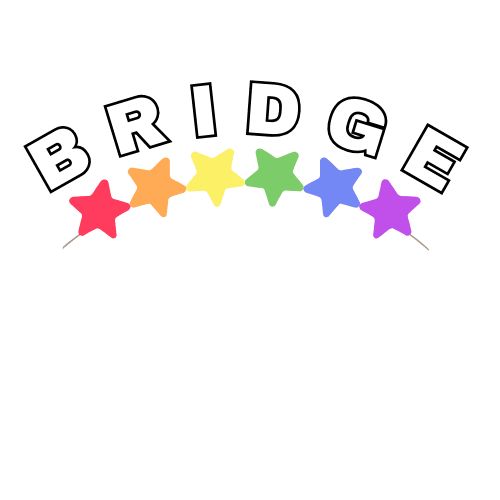 Graphic of a bridge with 6 pillars, each assigned a letter of the word BRIDGE. The bridge leads from a clipboard (representing diagnosis) to a zebra striped heart (representing sustainable well-being as a late-diagnosed neurodivergent adult)