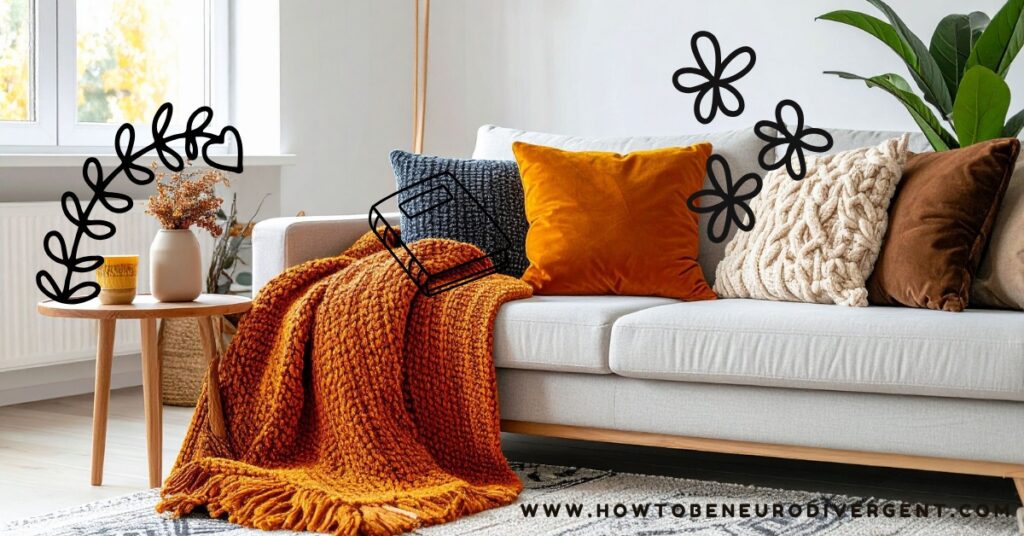 A comfortable couch with pillows and blankets in a living room with natural lighting and plants representing a sensory-friendly life.