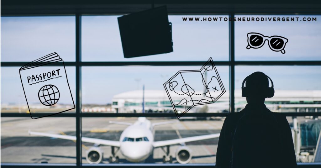 The dark silhouette of a man wearing headphones, depicting sensory friendly travel, looking out a large airport window at an airplane on the runway.