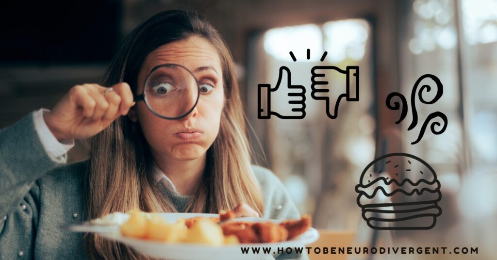 A woman with a wary expression examines her plate of food with a magnifying glass. Recognize food preferences as part of a sensory-friendly life.