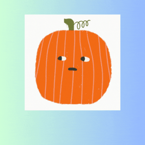 A cartoon pumpkin looking from side to side with the words "pumpkin time"