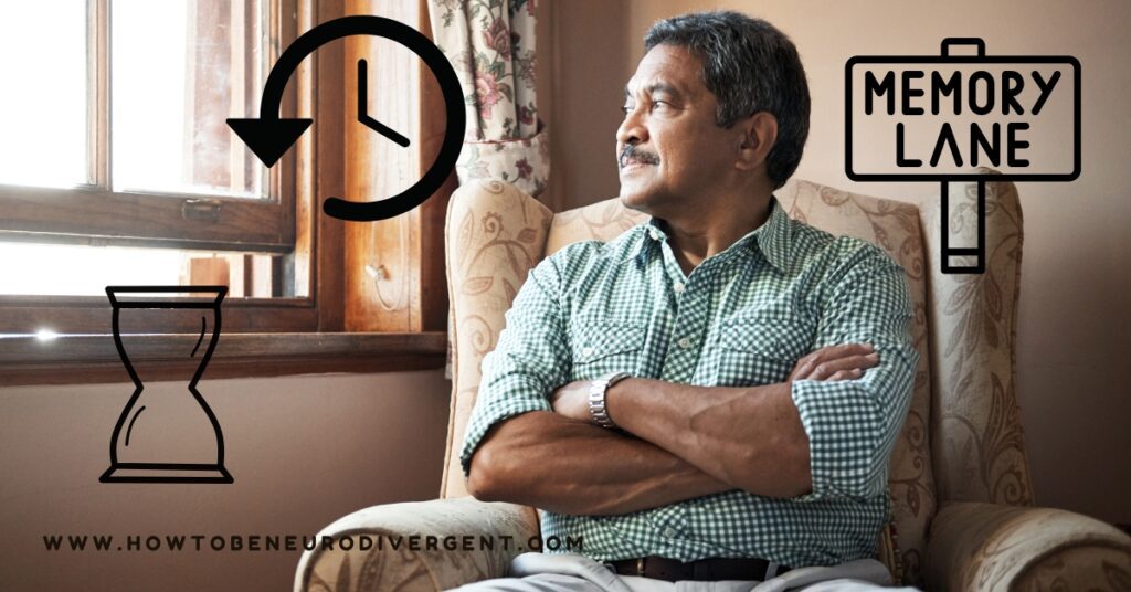 A man sits in an armchair gazing thoughtfully out of a window. There are doodles of a clock with an arrow pointing backwards, an hour glass, and a sign that reads "memory lane" overlayed on the image. This signifies thinking about the past through the lens of executive functioning.