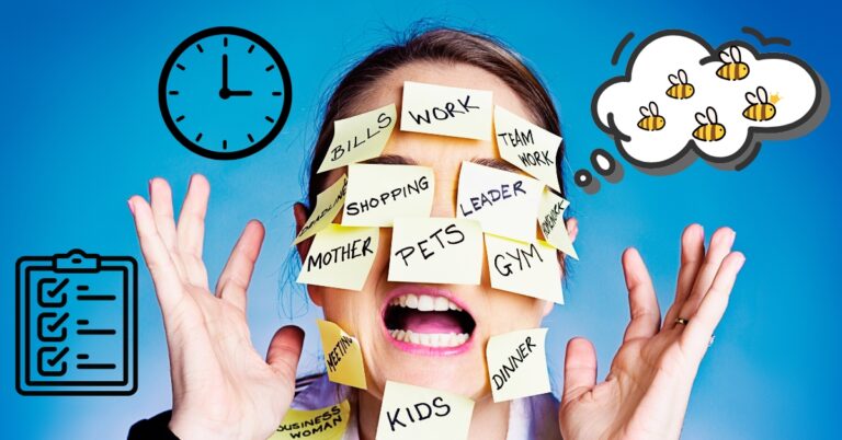 An overwhelmed woman with a stressed out expression and sticky notes all over her face. There are doodles of a checklist on a clipboard, a clock, and a thought bubble full of bees overlaid on the image. Executive Function Making Sense of Your Struggles