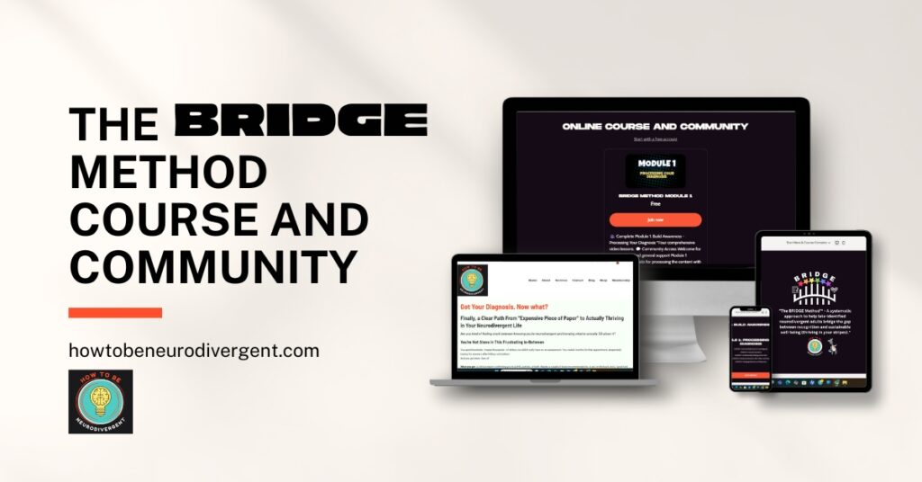 A mockup of the BRIDGE Method Course and Community shown on a computer, tablet, and phone.