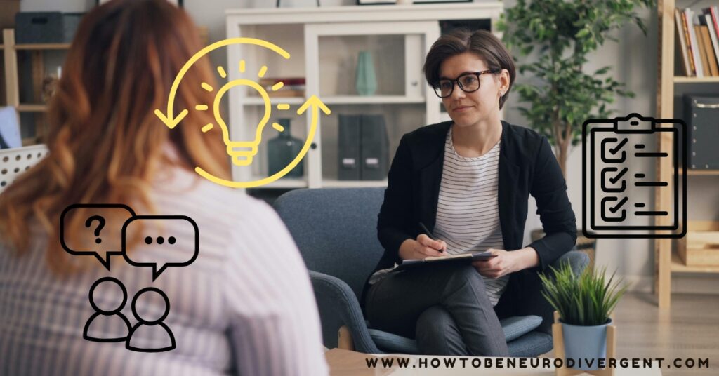 A client speaking to a mental health professional with a clipboard. Why late diagnosis of ADHD and autism matters.