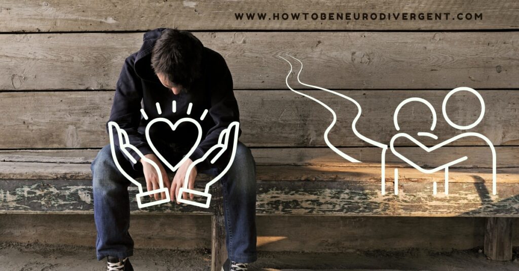 A photo of a young man in a black hoodie sitting on a bench with his head down. There are icons overlayed on the image: hands holding a heart, a path forward, and two figures with their arms around each other.
