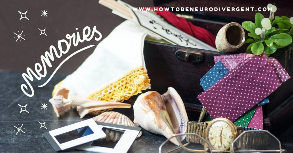 A memory box full of items meant to remind a person of things they're grateful for. Shells, fabric samples, photographs, different keepsakes. Adapting Gratitude Practices for ADHD & Autistic Brains