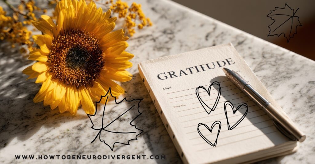 A sunflower, a notebook with the word "gratitude" at the top, and a pen are on a white countertop. Images of heart doodles and fall leaves are overlaid on the image. Adapting Gratitude Practices for ADHD & Autistic Brains