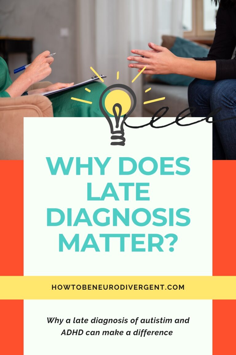 Pinterest pin image. Two people facing each other, speaking in a professional mental health setting. Why late diagnosis of ADHD and autism matters.