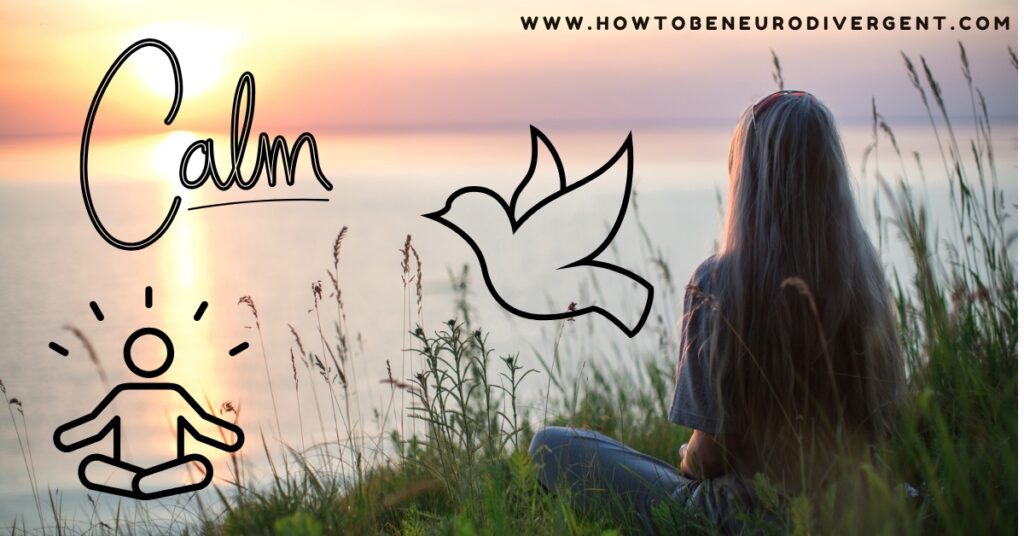 A woman sitting cross-legged on a grassy river bank gazing out over the water at the pink and purple sunset. There are doodle images of the word "calm," a dove representing peace, and an icon of a person sitting in a yoga pose overlayed on the image. These things represent nervous system regulation.