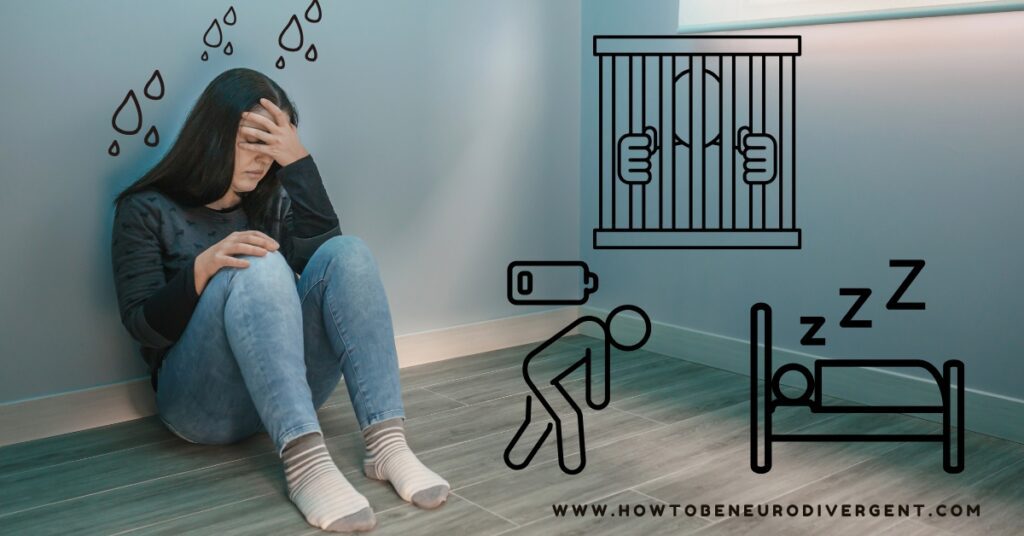 A woman sits alone in the corner of an empty room with gray walls, her knees up and her head in her hand. There are doodle images of raindrops falling on her head, a person caged behind bars, a person sleeping in bed, and a person slouched forward with a drained battery above their head. This photo signifies shut down in the context of nervous system regulation.