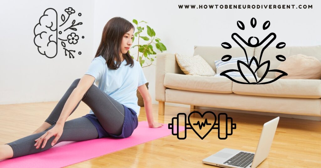 A woman sits in a living room on a pink yoga mat. She is in a yoga pose looking at her open laptop, following along with the exercises. There are doodle images of a brain with flowers growing out of it, a person sitting with a lotus flower and reaching upward, and a barbell with a heart in the center overlayed on the image. This photo signifies finding ways to practice nervous system regulation.