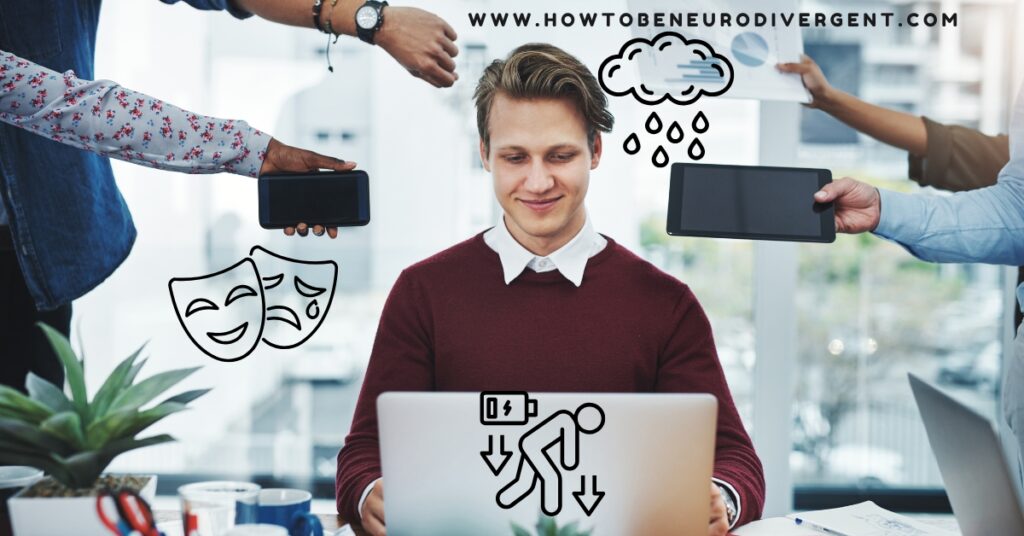 A man with a wary smile sits at a work desk behind an open laptop. Arms are seen thrusting into the scene with a phone, a tablet, a wrist watch, paperwork, indicating increased pressure at work. Doodle icons of masks, a hunched over person with a drained battery, and a rain cloud are overlaid on the photo. Nervous system support by decreasing pressure at work.