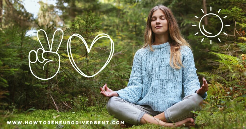 A woman in comfy clothes sits outside in nature in a yoga pose. Doodle images of a sun, a peace symbol, and a heart are overlaid on the photo. This illustrates intentional rest for nervous system regulation.