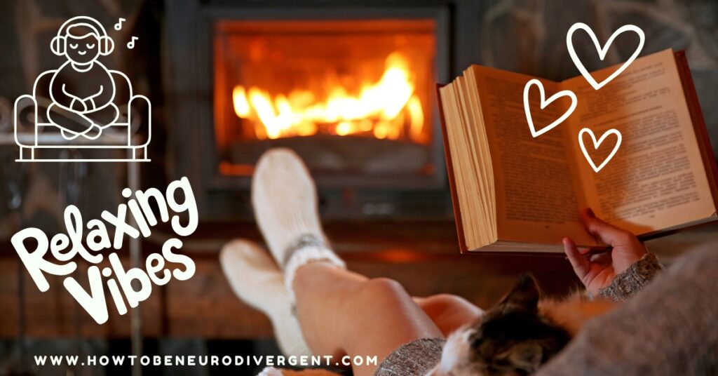 A person has their socked feet up in front of the cozy fireplace, a cat in their lap, and a book in their hand. There are doodle images of the words "relaxing vibes," hearts, and a person listening to music overlaid on the photo. Relaxation promotes nervous system support.