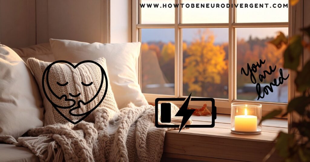 A cozy image of a bench near a window with a view of fall trees and a lit candle. The image is overlaid with doodles of a re-charging batters, a smiling heart, and the words "you are loved." This represents re-charging from social exhaustion.