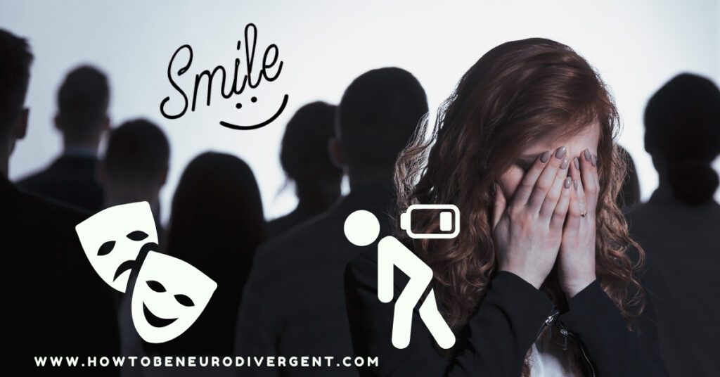 A woman covers her face with her hands and turns away from the crowd. Doodle images of masks, a person with a low battery above their head, and the word "smile" are overlaid on the photo illustrating social exhaustion and masking.