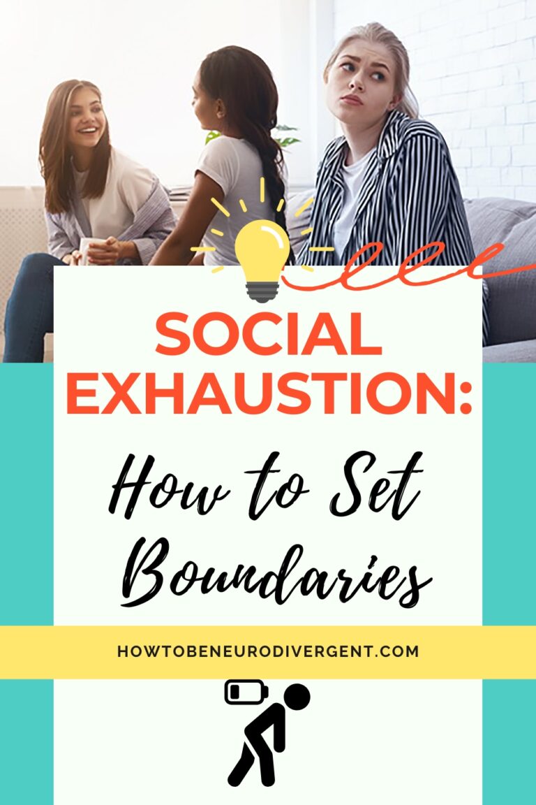 Pinterest Pin. Social Exhaustion: How to Set Boundaries. A young woman is turned away from her friend group, overwhelmed.