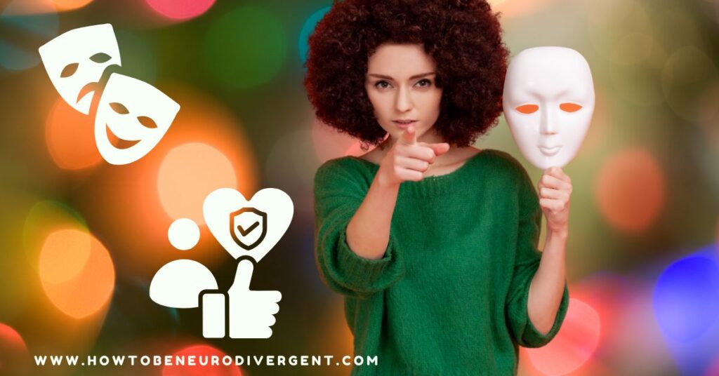 A woman in a green holiday sweater holds a mask away from her face and points towards the viewer. The background is of soft holiday lights. There are doodle images of happy and sad masks, and a person with a thumbs up and a heart with a checkmark overlaid on the photo. Unmasking During the Holidays Showing up Authentically with Family