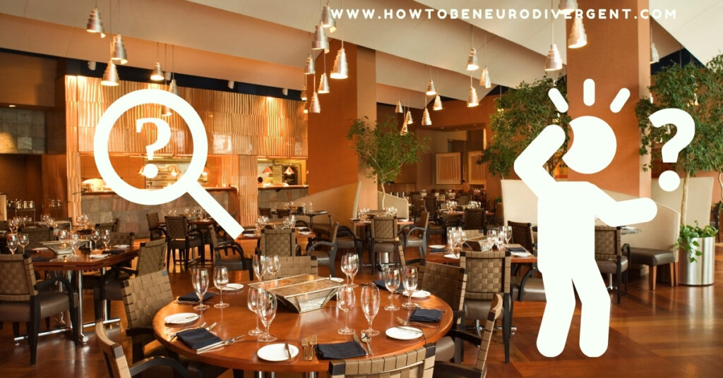 A new restaurant environment with tables laid and a bar. Photo is overlaid with images of a person and magnifying glass with question marks to signify answering questions by focusing on the details. Bottom-Up Processing.