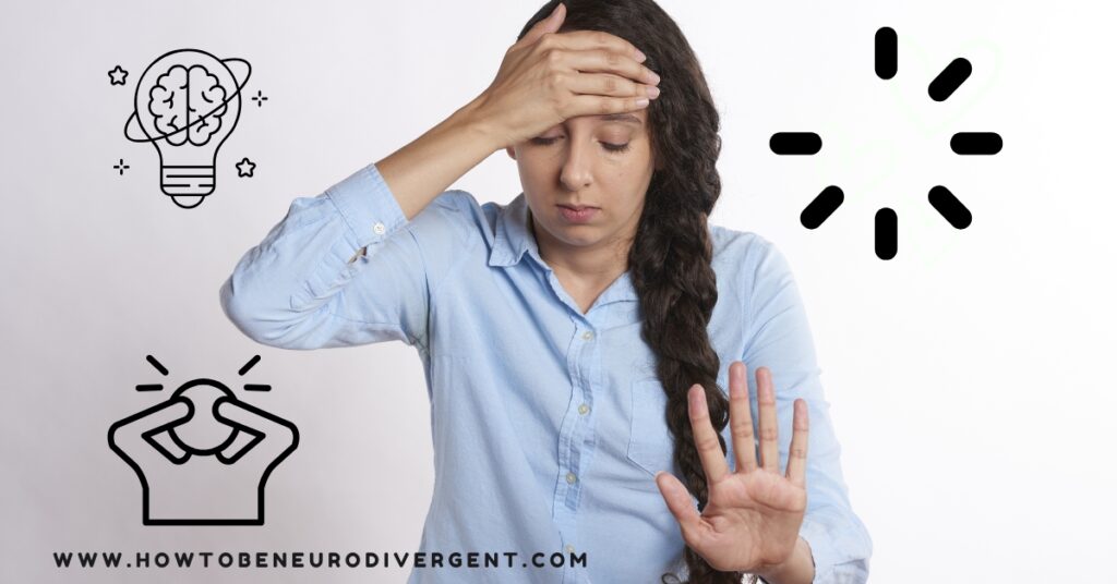 An overwhelmed woman with her eyes closed and one hand to her head and the other held up in front of her indicating "stop," An image of a loading symbol is overlaid on the photo. Bottom-Up Processing.