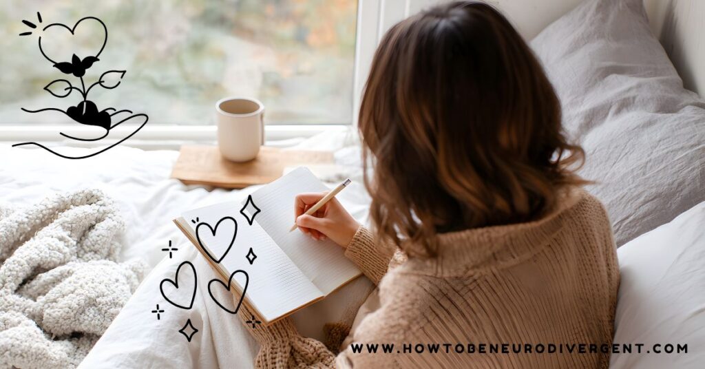 A woman journaling in a comfy nook near a window with a hot drink. Rethinking self-improvement for neurodivergent adults.