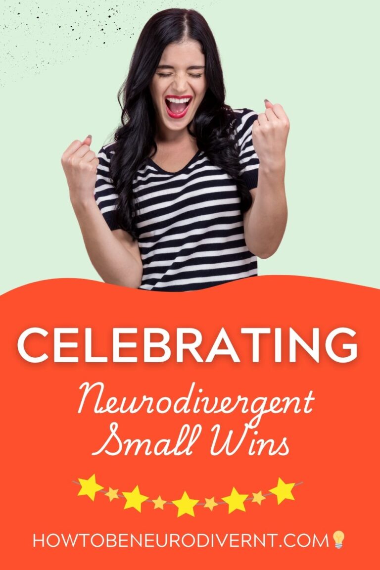 Pinterest Pin: A woman is celebrating the accomplishment of her goals. "Celebrating Neurodivergent Small Wins"