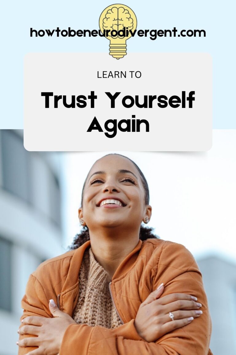 Pinterest Pin image: A woman smiles with her arms wrapped around herself. "Learn to Trust Yourself Again." How to Set Intentions When You Don't Trust Yourself Anymore.
