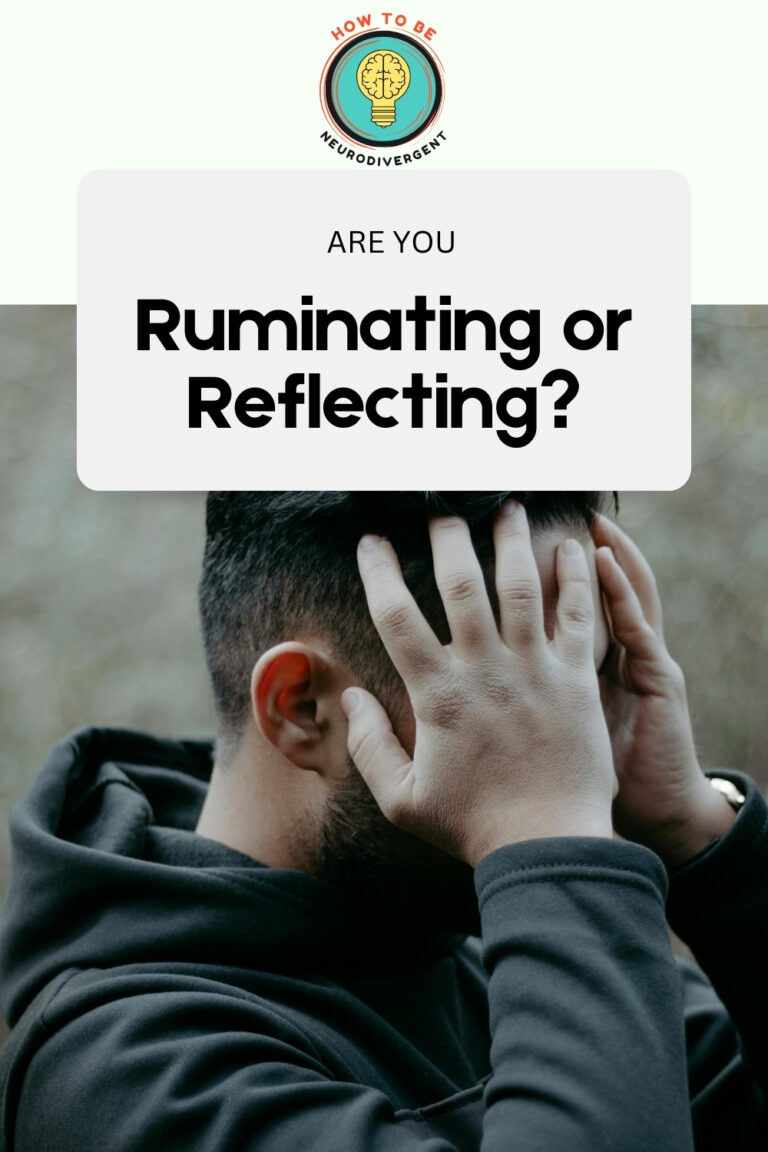 Pinterest Pin image: A dark photo of a man in a black hoodie thinking with his hands to his head. Rumination vs. Reflection.