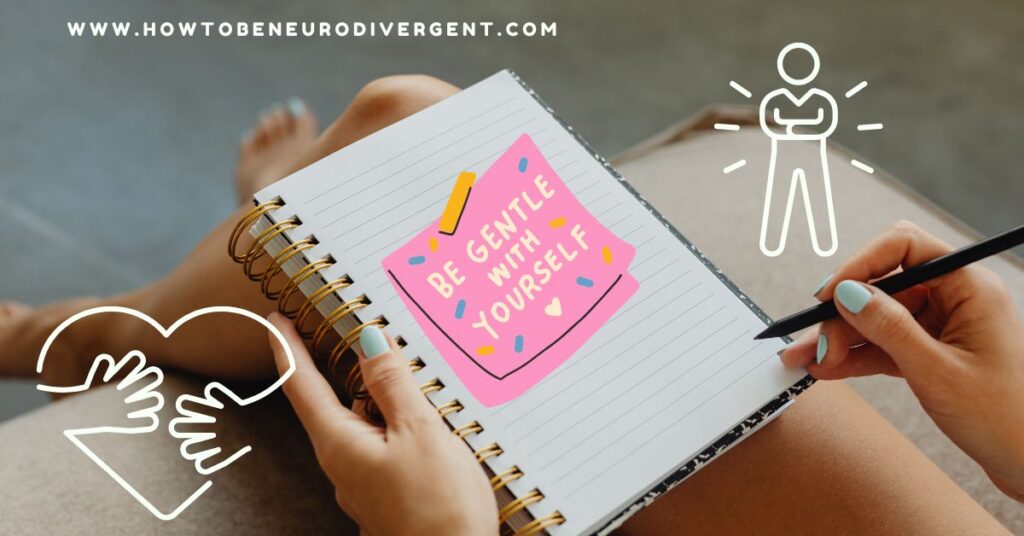 A woman is journaling. There is a pink sticky note on the page that reads "Be gentle with yourself." There is a doodle image of a heart hugging itself, and a stick person glowing with confidence overlaid on the photo. Rumination vs. Reflection