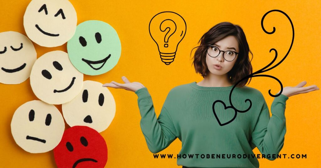 A woman with short hair and glasses and a bewildered expression has her hands up in confusion. There are large paper circles to one side depicting various emotions emoji-style. There is a doodle image of a light bulb with a question mark inside and a heart with swirling lines emanating from it overlaid on the image. Alexithymia in autistic and ADHD adults.