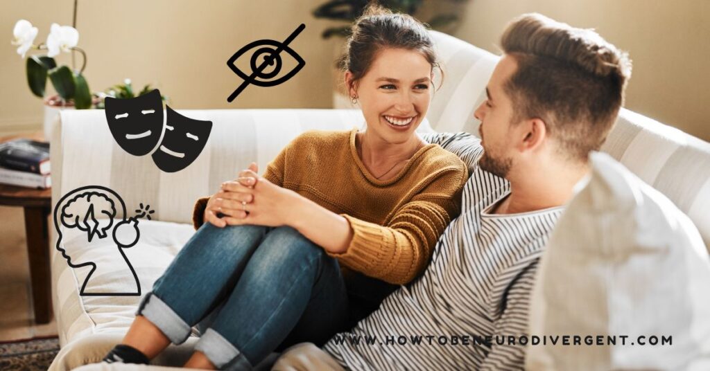 A couple sits on a sofa facing each other. The woman shares a fake smile, suppressing her true self. Masking in Relationships.