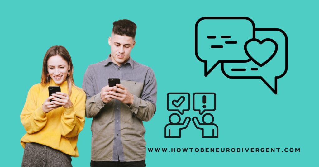 A couple standing next to each other and texting each other. Neurodivergent Communication in Relationships.