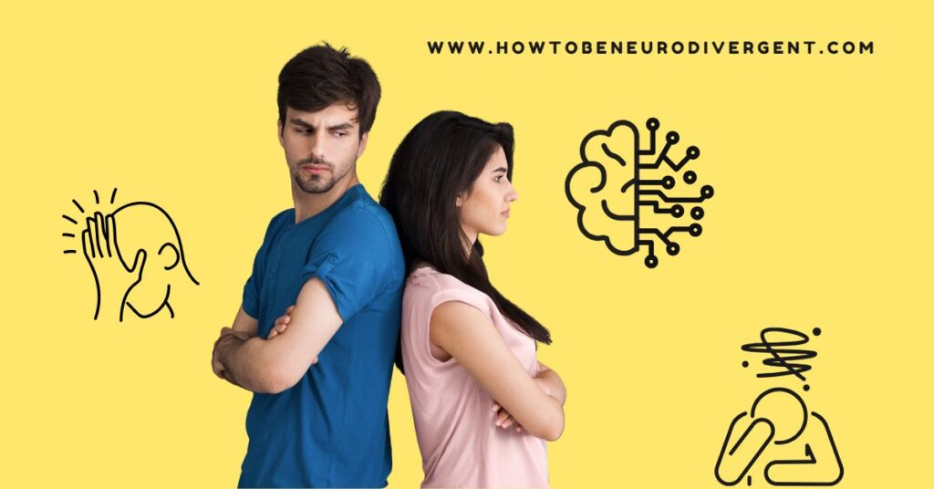 A couple stands back to back during a conflict. The man appears frustrated with his arms folded. The woman stares away blankly with her arms folded. Shutdown during conflict in relationships.