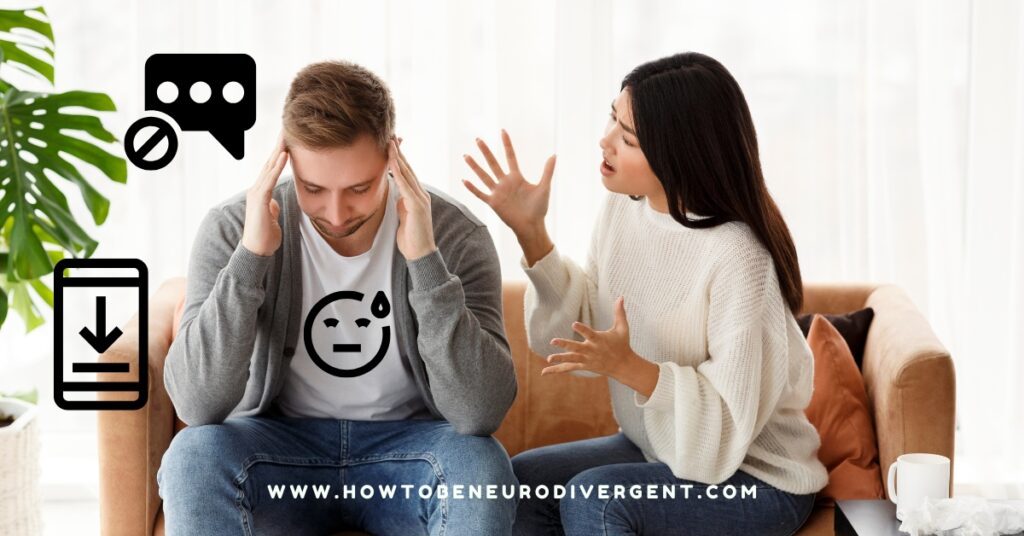 A man and a woman sit on a sofa having a heated discussion. The man has his hands to his head and is looking down. A low battery symbol, and a speech bubble with a line through it are overlaid on the image. Shutdown during conflict in relationships