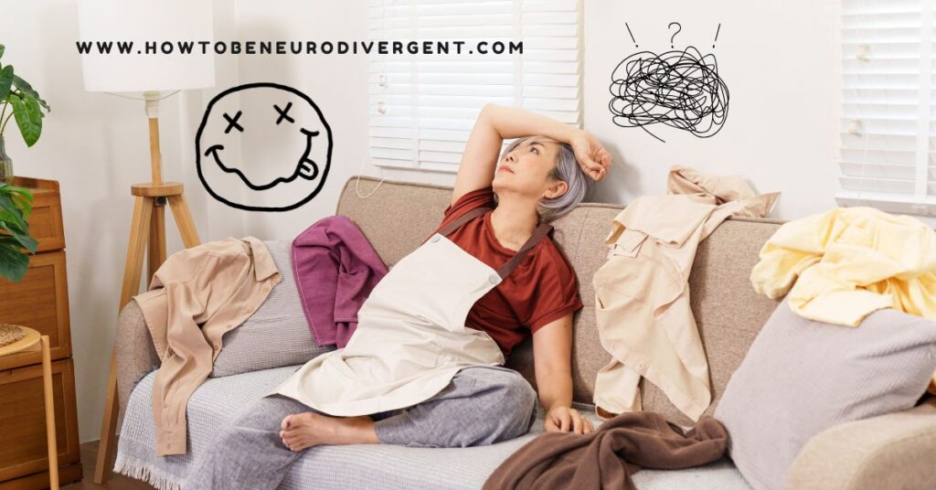 An exhausted woman wearing an apron reclining on the couch at the end of a long day. Sensory overload.