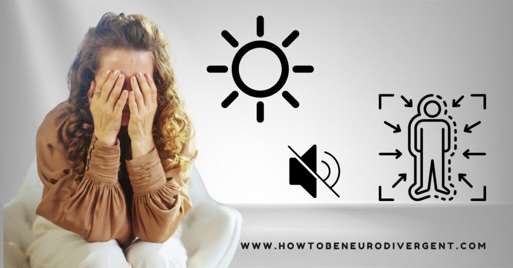 An overwhelmed woman covering her face. Sensory overload.