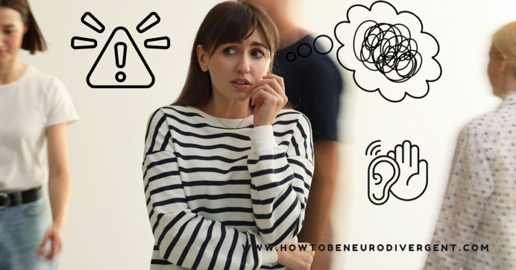 An overwhelmed woman standing in a crowd with one arm across her in front and the other to her face. A warning symbol, thoughts swirling, and a sensory icon are added to the photo representing sensory triggers.